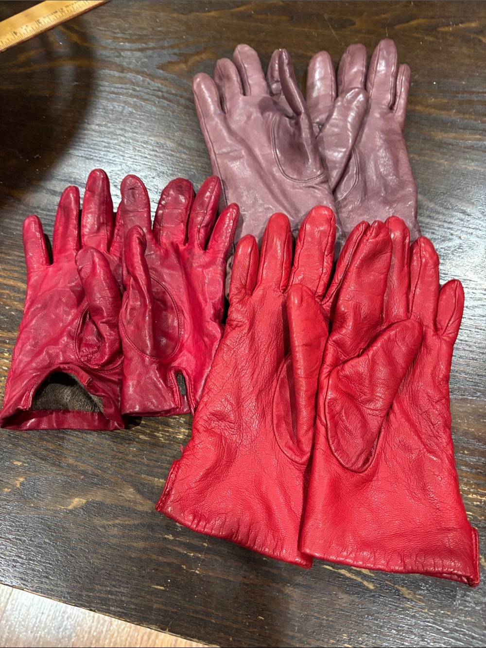 Vintage Leather Gloves Trio in Red and Mauve